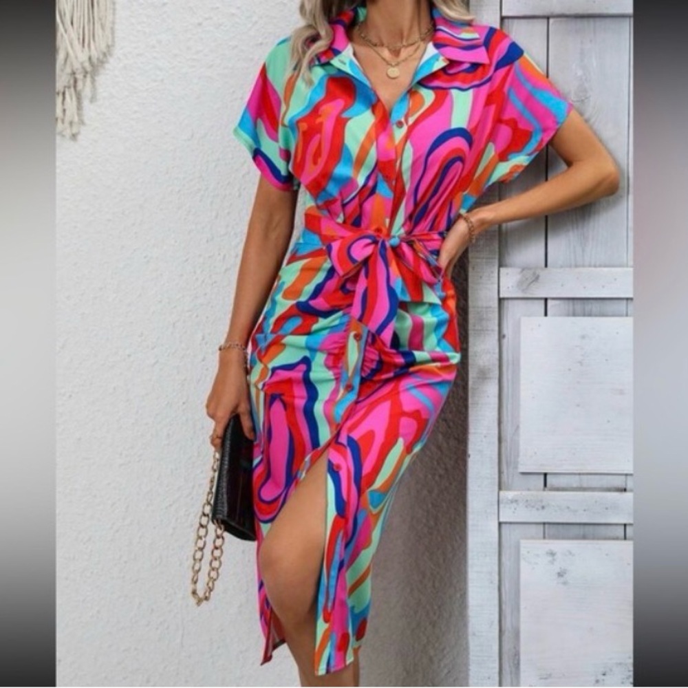 Vibrant Abstract Print Button-Front Midi Dress - Pink Multi